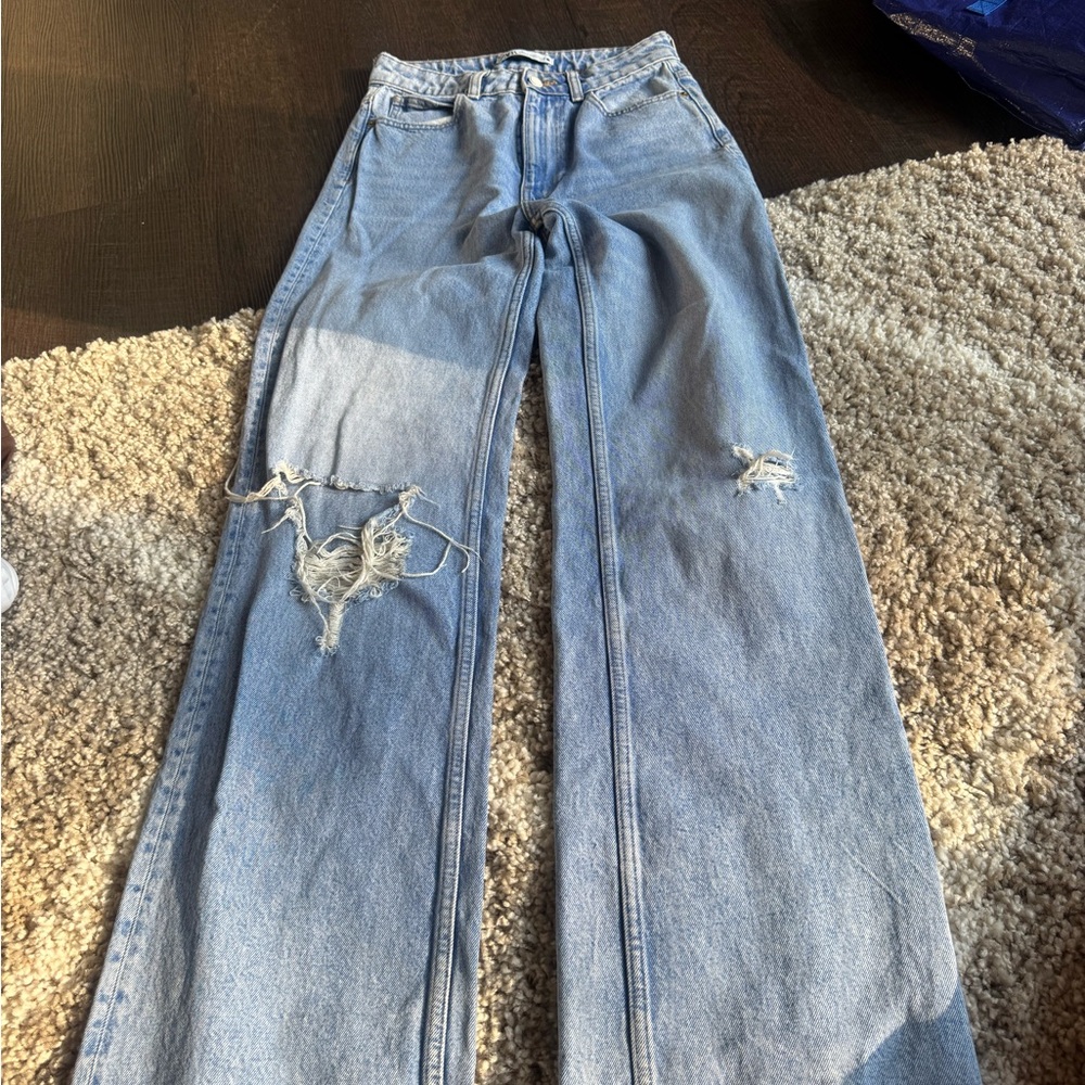 Zara High Rise Distressed Blue Jeans